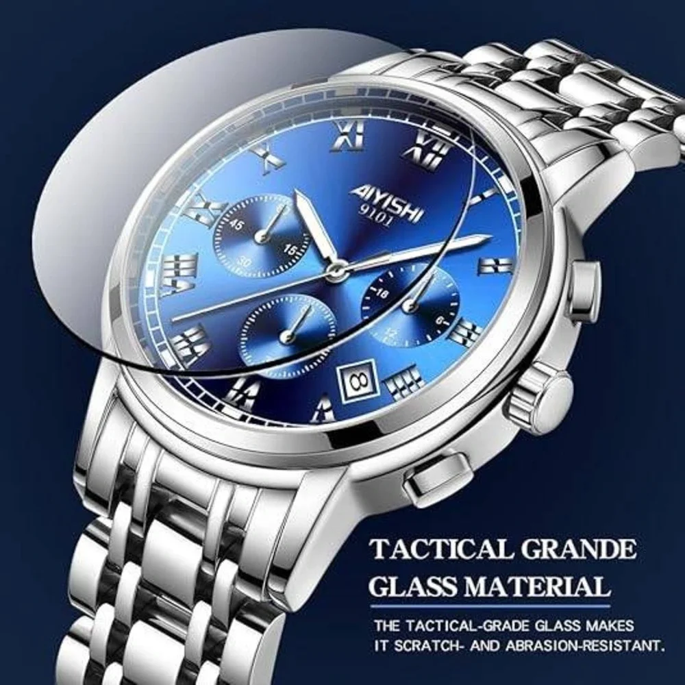 Dofia Xiaoya Aiyishi 9101‎ Men's Silver Stainless Steel Quartz Watch Blue Dial